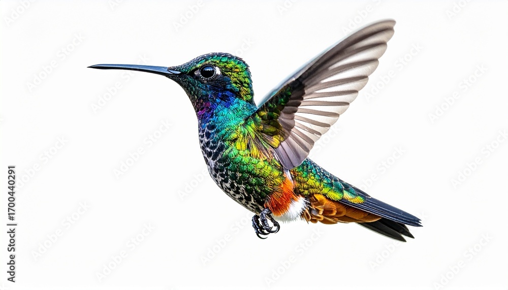 Fototapeta premium Hummingbird with tiny body bright colorful feathers long pointed beak small tropical bird isolated on white background 