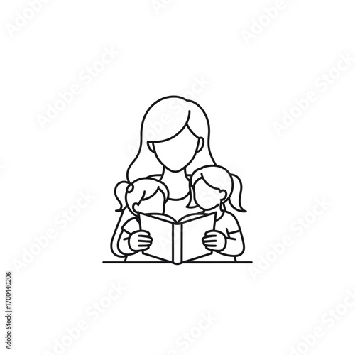A loving mother reads a storybook to her two young daughters in a simple line art drawing.
