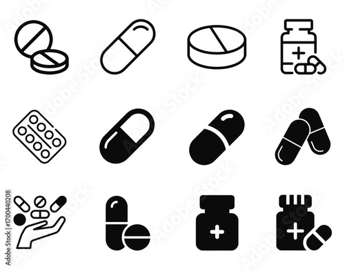 Vector pack of medicine and healthcare icons, including pills, capsules, syringes, first aid kits, and medical symbols, designed for digital and print projects