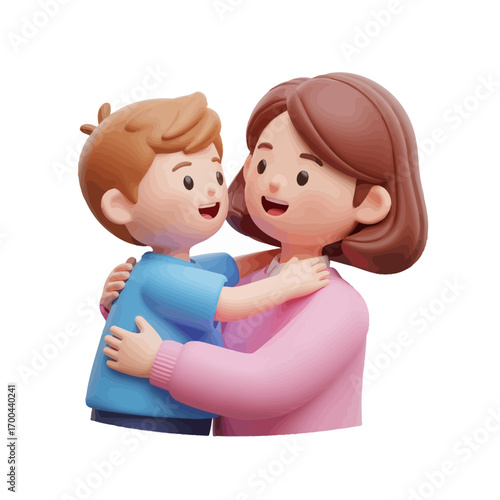 Cartoon mother and son hugging, 3D render of a loving embrace.