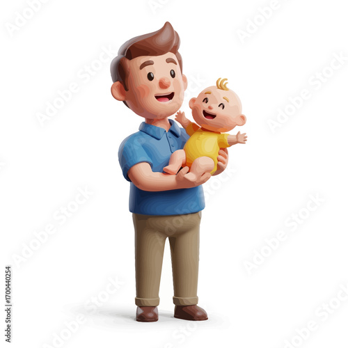 Cartoon illustration of a father holding a baby, smiling and looking happy.