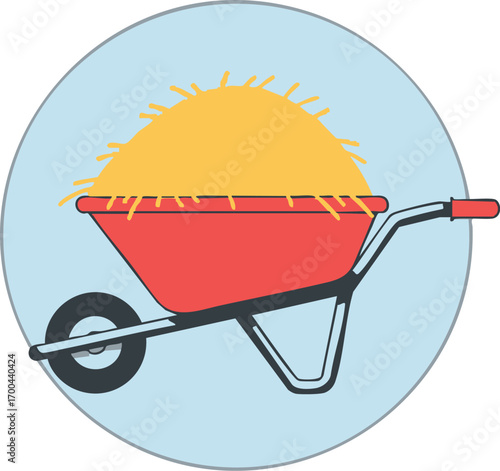 Vector Illustration of Wheelbarrow with Hay in Circular Frame Modern Farm Agriculture Concept Simple Design