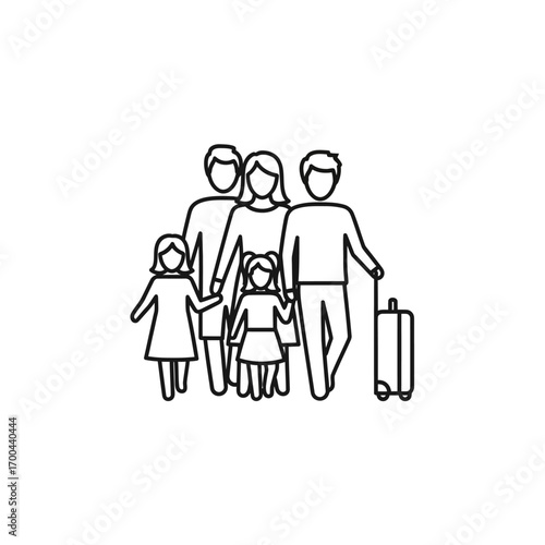 A line art icon depicting a family of five with parents and three children standing with a rolling suitcase, ready for a trip.