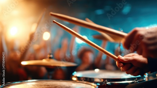 The intense energy of a live music performance is beautifully captured, focusing on a drummer poised to strike, surrounded by an enthusiastic crowd enjoying the beat.