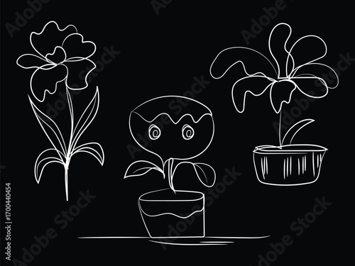 Black and white vector illustration of a flowering plant in a pot