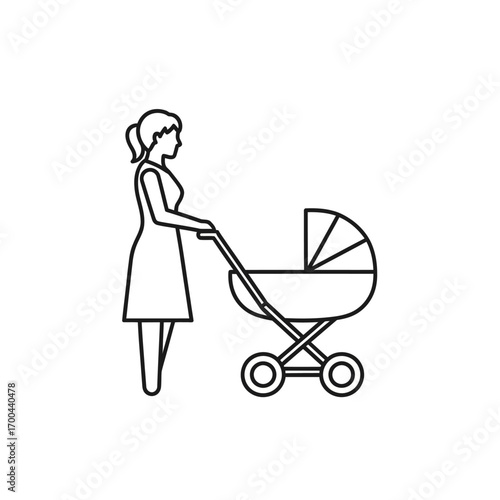 Illustration of a woman pushing a baby stroller.