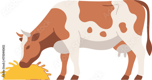 Illustration Farm Animal Vector Cow Eating Hay in Cartoon Style