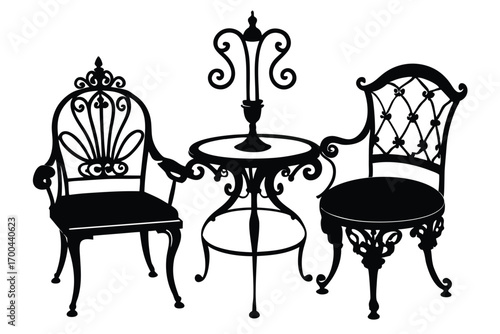 Ornate Silhouette of Cast Iron Table and Chairs with Decorative Designs and Detailing