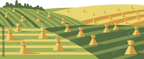 Rural Landscape Vector Illustration with Hay Bales and Green Fields in a Flat Geometric Style