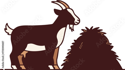 Illustration Farm Vector with Goat Standing near Hay Stack in Simple Style