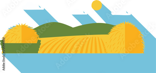 Flat Style Vector Illustration with Hay Bales and Field Rural Landscape with Sky and Sun in Green and Yellow