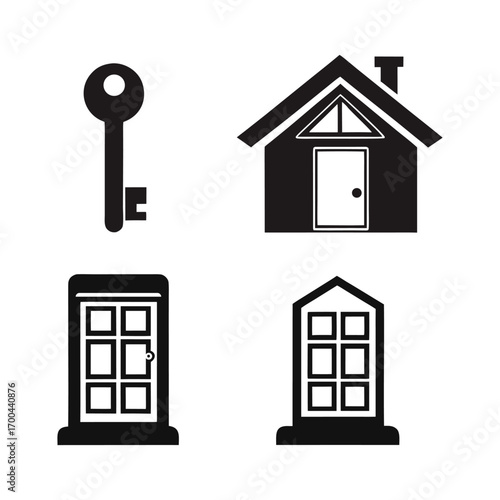 Black silhouette icons of a key house door and window on white home