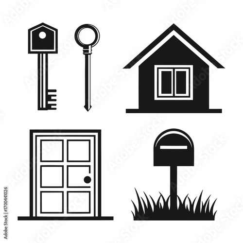 Black silhouette icons of house door keys mailbox and home vector