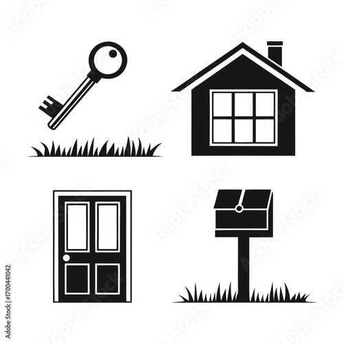 Black silhouette icons of house door key mailbox and grass on white background home