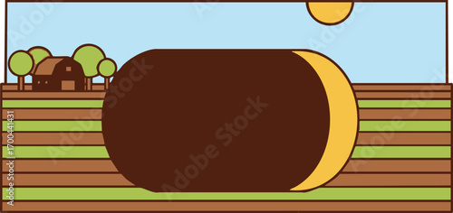 Farm Landscape Vector Illustration with Barn Trees Fields and Sun Minimalist Style