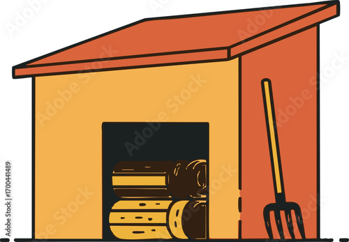 Illustration Vector of Wood Shed with Logs and Pitchfork in Earth Tones Modern Graphic