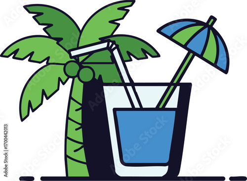 Summer Illustration Vector with Palm Tree Cocktail Umbrella Minimalist Design Blue and Green