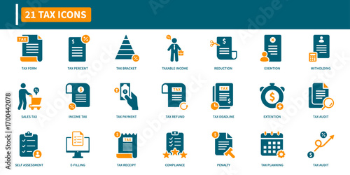 Tax icon set. Containing document, payment, return, invoice, deadline, and calculation icons. Solid icon collection.