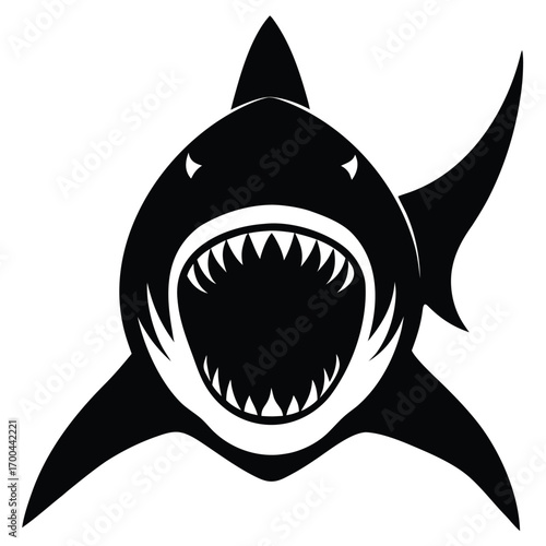 Black silhouette of a great white shark with open jaws full of sharp teeth on a white background