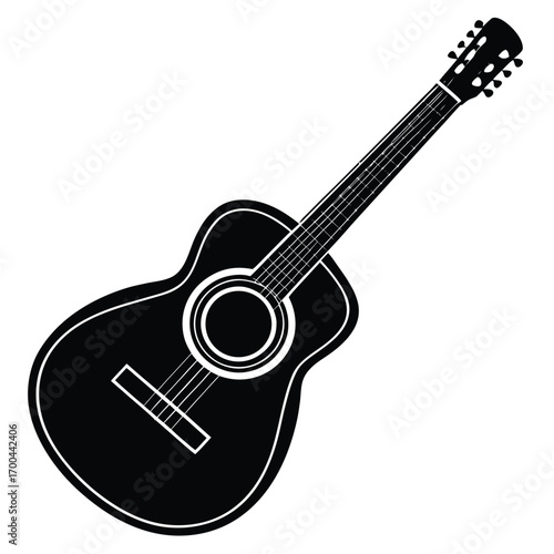 Black silhouette of an acoustic guitar with six strings and tuning pegs on a white background