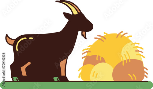 Cartoon Vector Illustration of Goat with Hay Stack in Farm Environment Modern Design