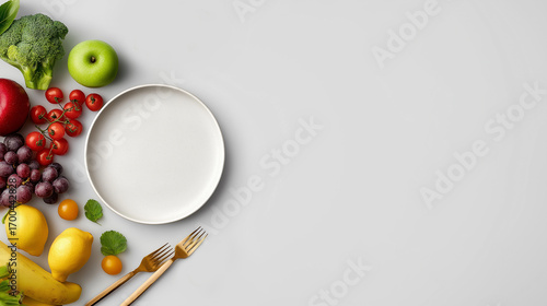 Empty Plate with Fruits and Vegetables for Food and Dining Themes