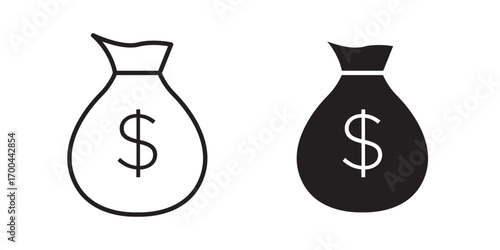Money bag icon. The icon can be used for websites, print templates, presentation templates, illustrations. Vector illustration with stroke and fill on a white background.