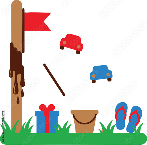 Cute Cartoon Vector Illustration of Summer Outdoor Scene with Car Bucket Flip Flops and Gift Box Playful Design