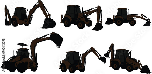Backhoe loader construction equipment silhouette, heavy machinery digger, industrial excavator, earthmoving vehicle, site development, digging tool, engineering machine