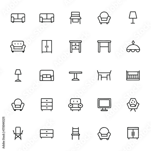 Grid of simple outline icons depicting various furniture items like sofas, chairs, tables, and lamps on a white background