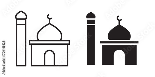 Mosque icon. ISLAMIC worship place, MUSLIM symbols, Flat mosque icon design vector, mosque silhouette. Hajj, umrah. Vector illustration with stroke and fill on a white background.