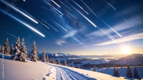 Winter Landscape with Meteor Shower and Sunrise