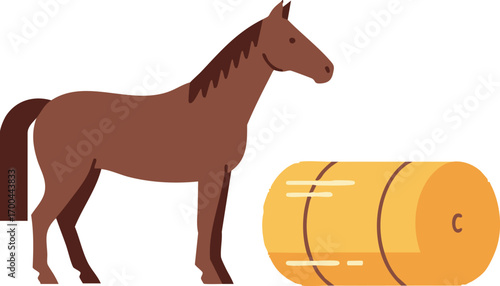 Illustration Vector of Brown Horse and Hay Bales in Flat Design with Modern Style