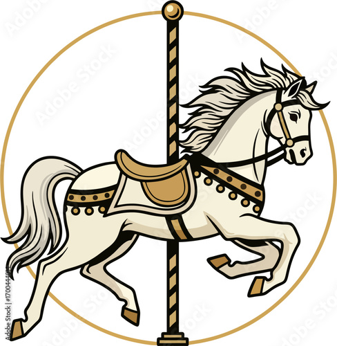 White and Gold Carousel Horse Vector – Ornate Classic Amusement Park Ride, Elegant Vintage Fairground Illustratio