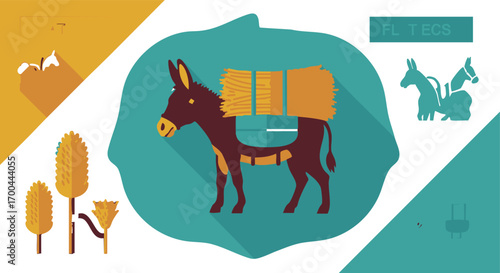 Illustration Vector of a Donkey with Hay Flat Design Style