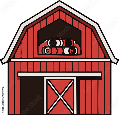 Farm Vector Illustration of Red Barn with Hay Bales and Crossed Door Modern Style