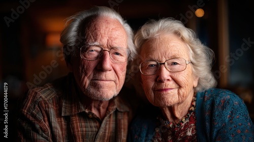 An elder man and woman sit close together, smiling warmly, representing love, companionship, and the beauty of aging gracefully in a cozy environment.