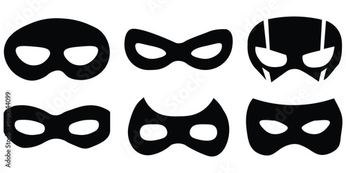 Mask icons set. Collection of different masks, perfect for masquerade, hero, mystery, and theatrical themes in a modern and minimalist style. Futuristic Mask Icon Set Stylized Black and White Vector 