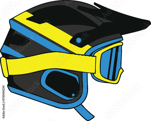 Illustration Vector of a Modern Motocross Helmet in Black Yellow and Blue Design for Sporting Events