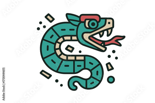 Quetzalcoatl the feathered serpent god of Aztec mythology in a traditional Mesoamerican art style icon isolated on a white background