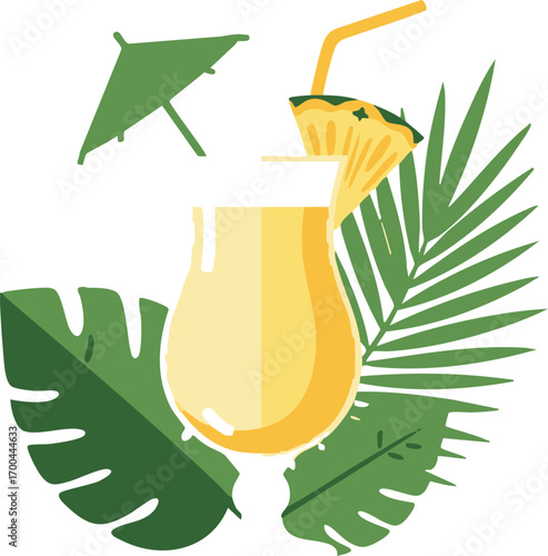 Summer Cocktail Vector Illustration with Pineapple Drink and Tropical Leaves in a Modern Style