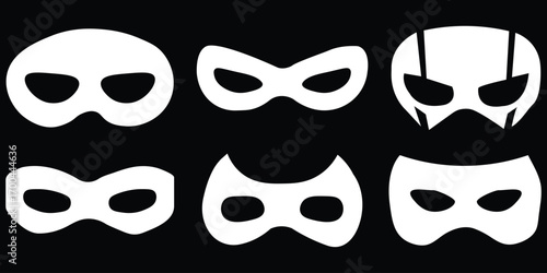 Mask icons set. Collection of different masks, perfect for masquerade, hero, mystery, and theatrical themes in a modern and minimalist style. Futuristic Mask Icon Set Stylized Black and White Vector 