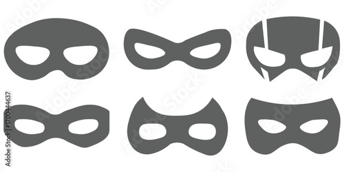 Mask icons set. Collection of different masks, perfect for masquerade, hero, mystery, and theatrical themes in a modern and minimalist style. Futuristic Mask Icon Set Stylized Black and White Vector 