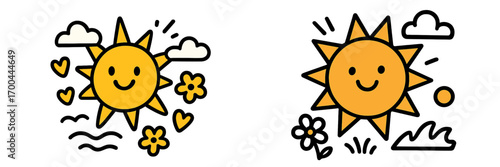 Set of cute smiling sun characters with happy faces, clouds, flowers, and hearts, a cheerful summer weather icon collection for positive emotions