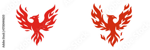 Red phoenix bird silhouette with wings of fire, a mythological symbol of rebirth and power isolated on a white background