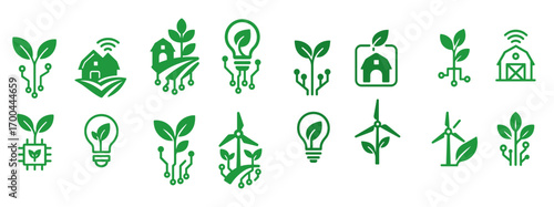 Agritech and smart farming symbols for sustainable agriculture and green energy technology concepts isolated on a white background