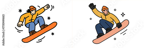Two cartoon snowboarder characters in dynamic action poses jumping during a winter sports activity isolated on a white background