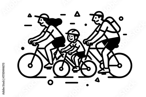 Happy family with parents and a child riding bicycles together in a minimalist black and white line art style for outdoor activity