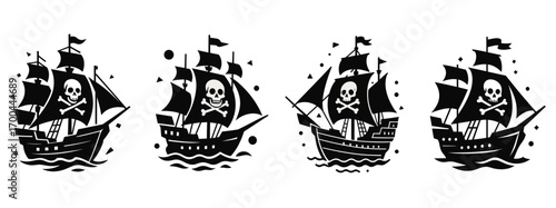 Set of four black pirate ship silhouettes with Jolly Roger flags sailing on the sea isolated on a white background