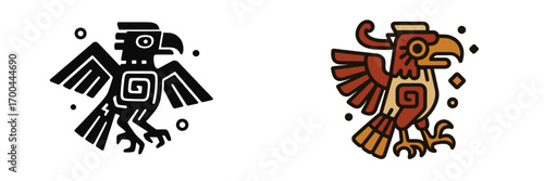 Traditional Aztec eagle symbol of ancient Mexico, a mythological bird icon for cultural heritage design shown in color and monochrome